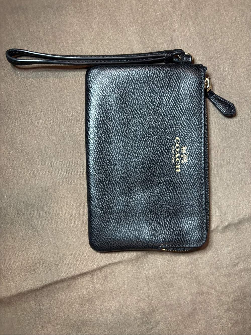 Coach Black Leather Wristlet with Gold Logo Accent